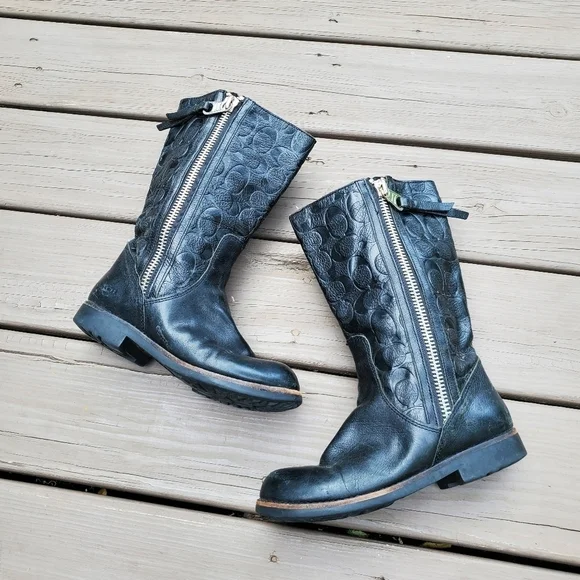 Coach Valentine Embossed Signature C Logo Black Leather Chunky Heel Zip Mid Boot - Picture 3 of 9